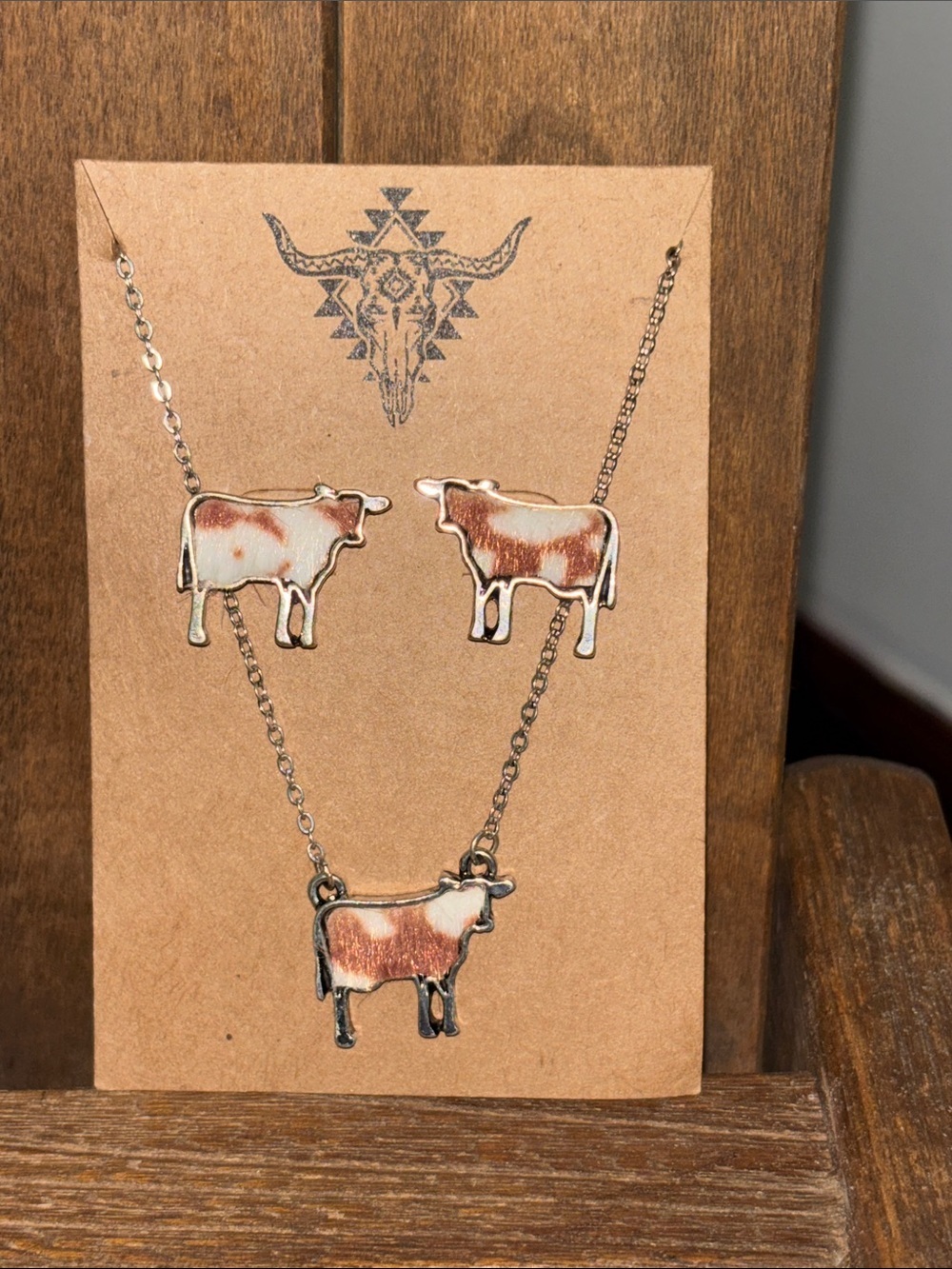 Cow Pendant Necklace and Earrings Set - Brown & Silver Animal Jewelry